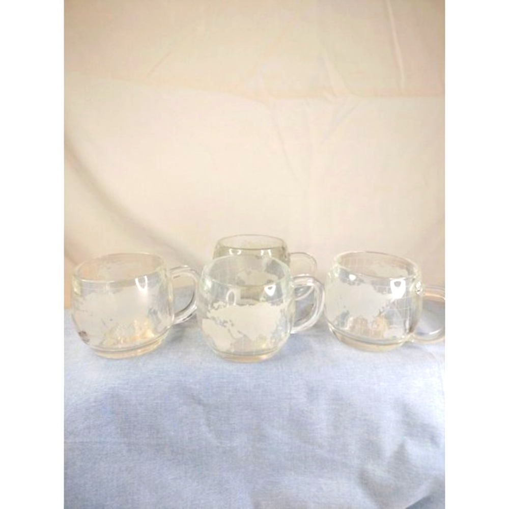 Vtg. Nescafe Coffee Cup Clear Glass World Etched Mug Set 4 3"x3"